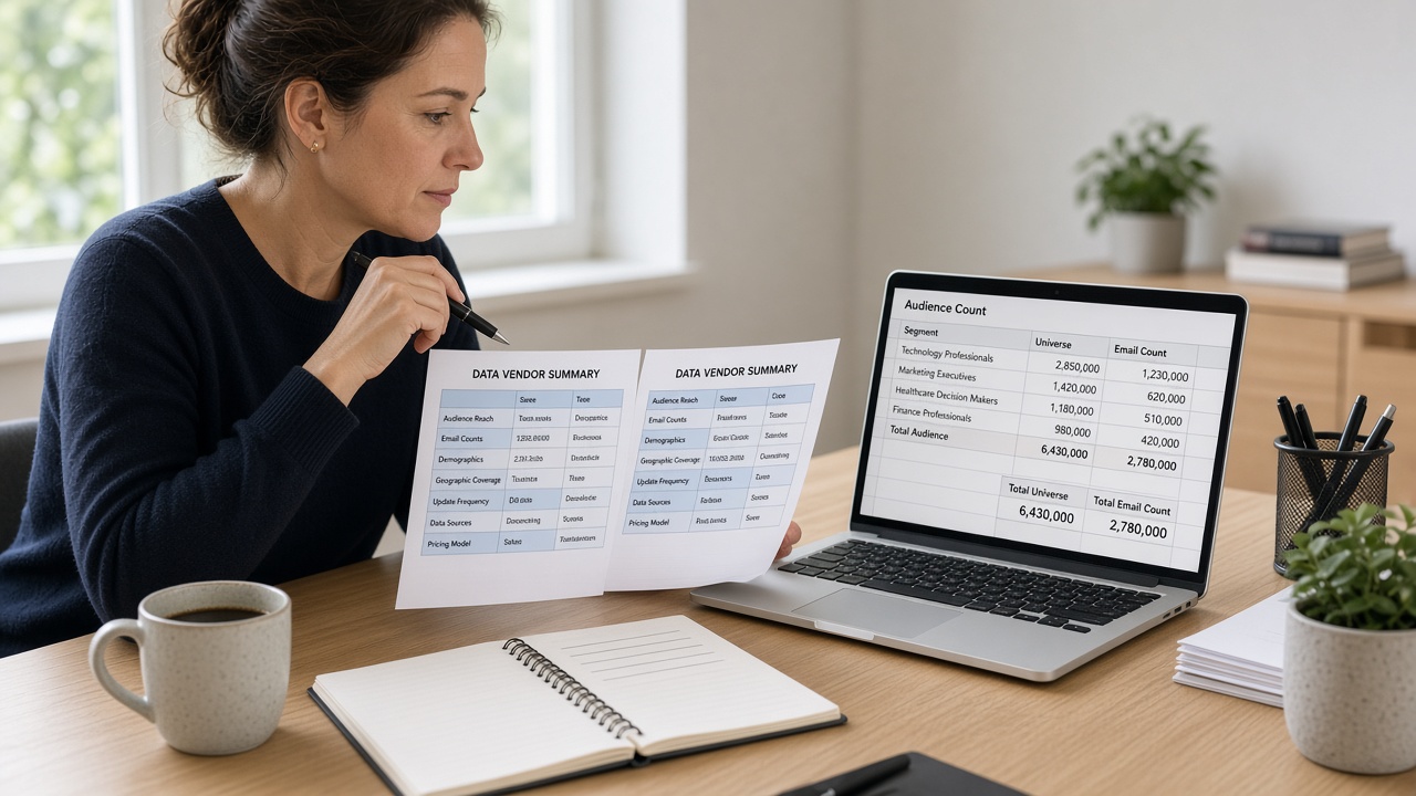 Marketer comparing mailing list options at a desk