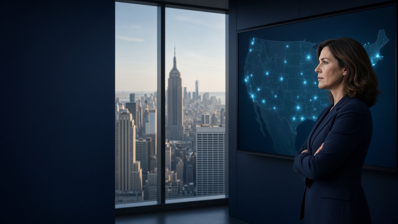 Marketer reviewing a US audience map in a city office